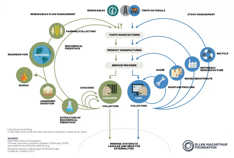 This Ellen MacArthur Foundation system diagram illustrates the continuous flow of technical and biological materials through a circular economy.